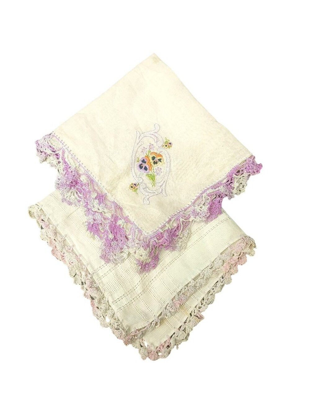Handkerchief Vintage Set of 2 Lace Crochet Trim Floral Embroidery Beige Pastel